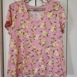 Talbots Pink Lemon Print V-Neck Tee – XL